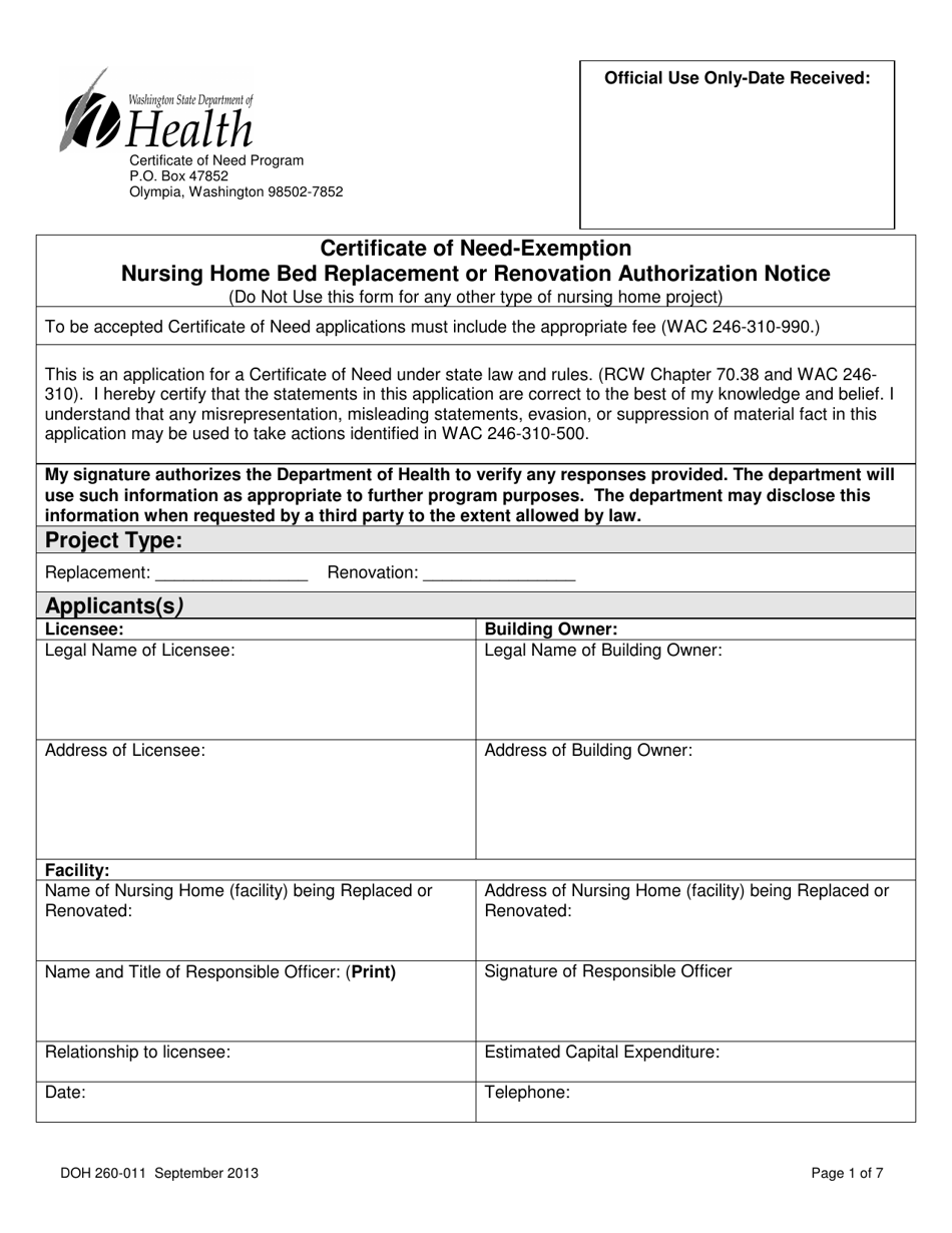 DOH Form 260-011 Certificate of Need-Exemption Nursing Home Bed Replacement or Renovation Authorization Notice - Washington, Page 1