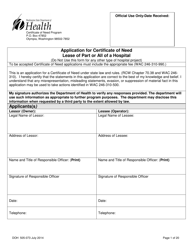 Document preview: DOH Form 505-073 Application for Certificate of Need Lease of Part or All of a Hospital - Washington
