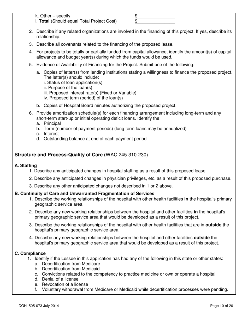 DOH Form 505-073 Application for Certificate of Need Lease of Part or All of a Hospital - Washington, Page 10