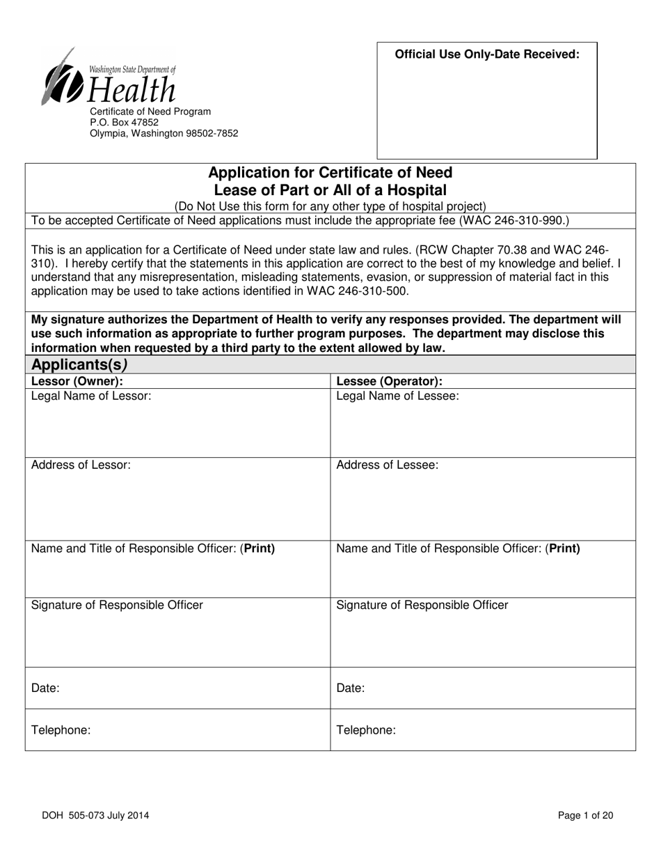 DOH Form 505-073 Application for Certificate of Need Lease of Part or All of a Hospital - Washington, Page 1