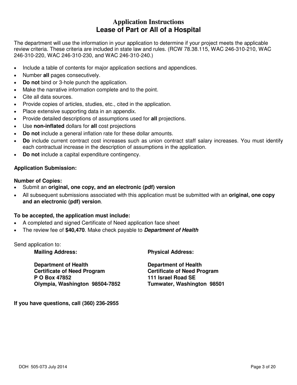 DOH Form 505-073 Application for Certificate of Need Lease of Part or All of a Hospital - Washington, Page 3