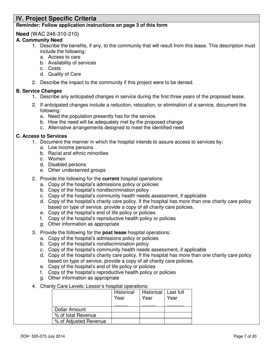 DOH Form 505-073 Application for Certificate of Need Lease of Part or All of a Hospital - Washington, Page 7