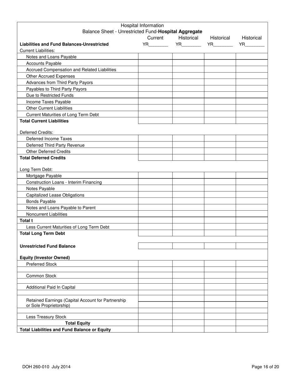 DOH Form 260-010 Application for Certificate of Need Purchase of Part or All of a Hospital - Washington, Page 16