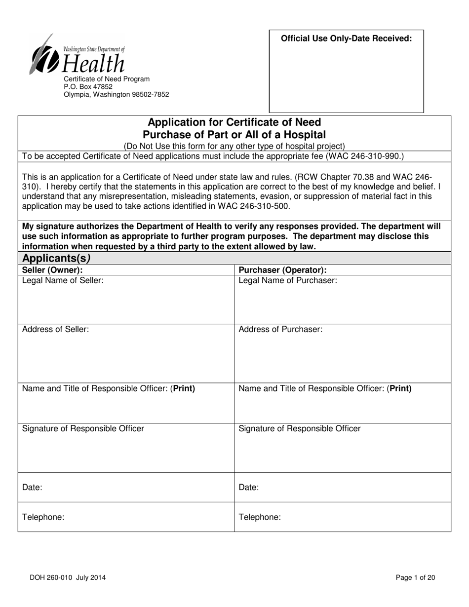 DOH Form 260-010 Application for Certificate of Need Purchase of Part or All of a Hospital - Washington, Page 1