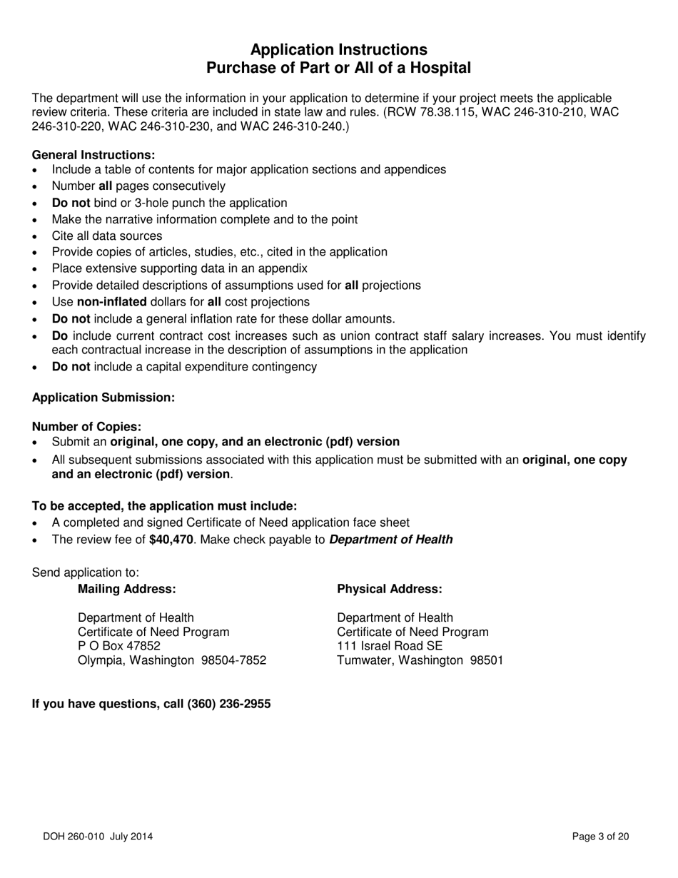 DOH Form 260-010 Application for Certificate of Need Purchase of Part or All of a Hospital - Washington, Page 3
