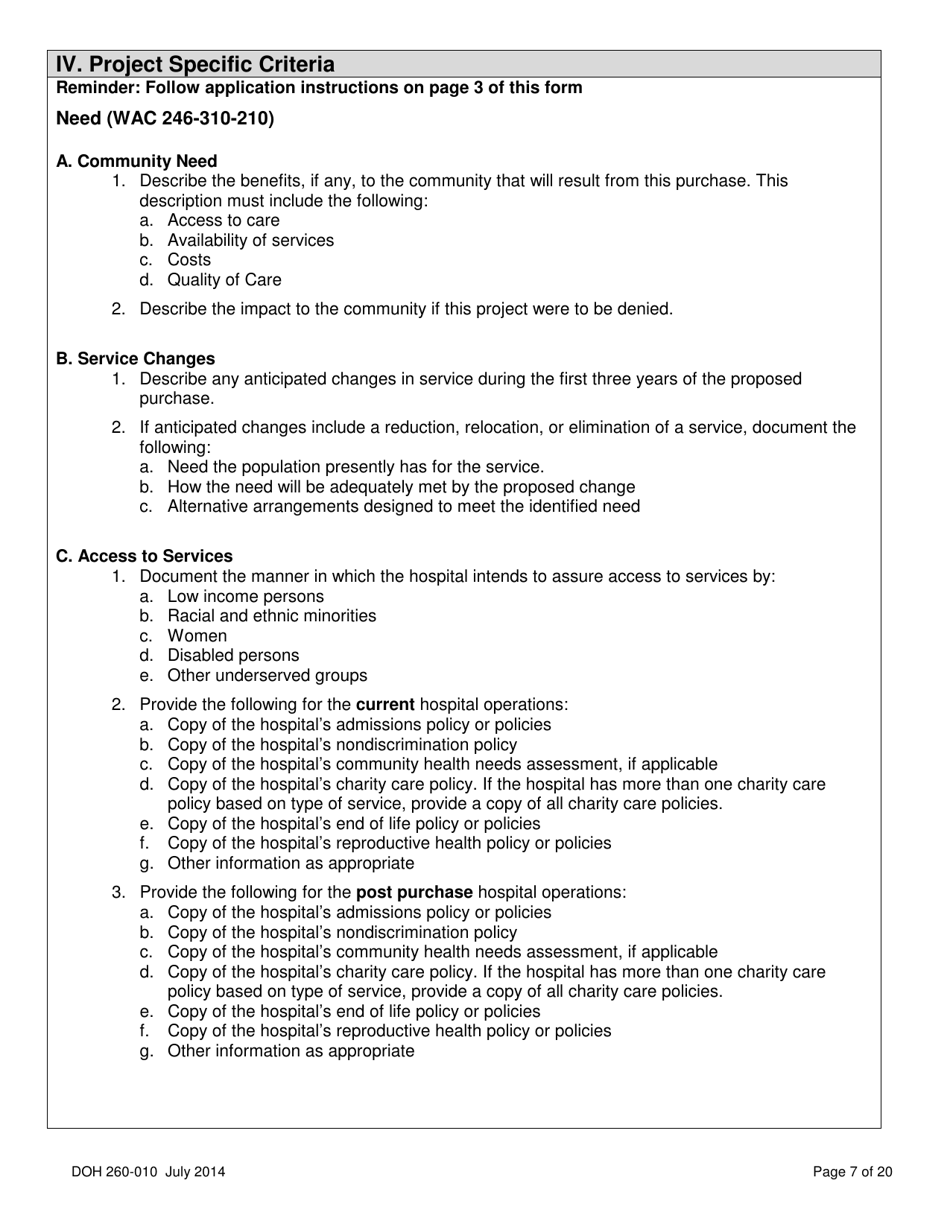 DOH Form 260-010 Application for Certificate of Need Purchase of Part or All of a Hospital - Washington, Page 7