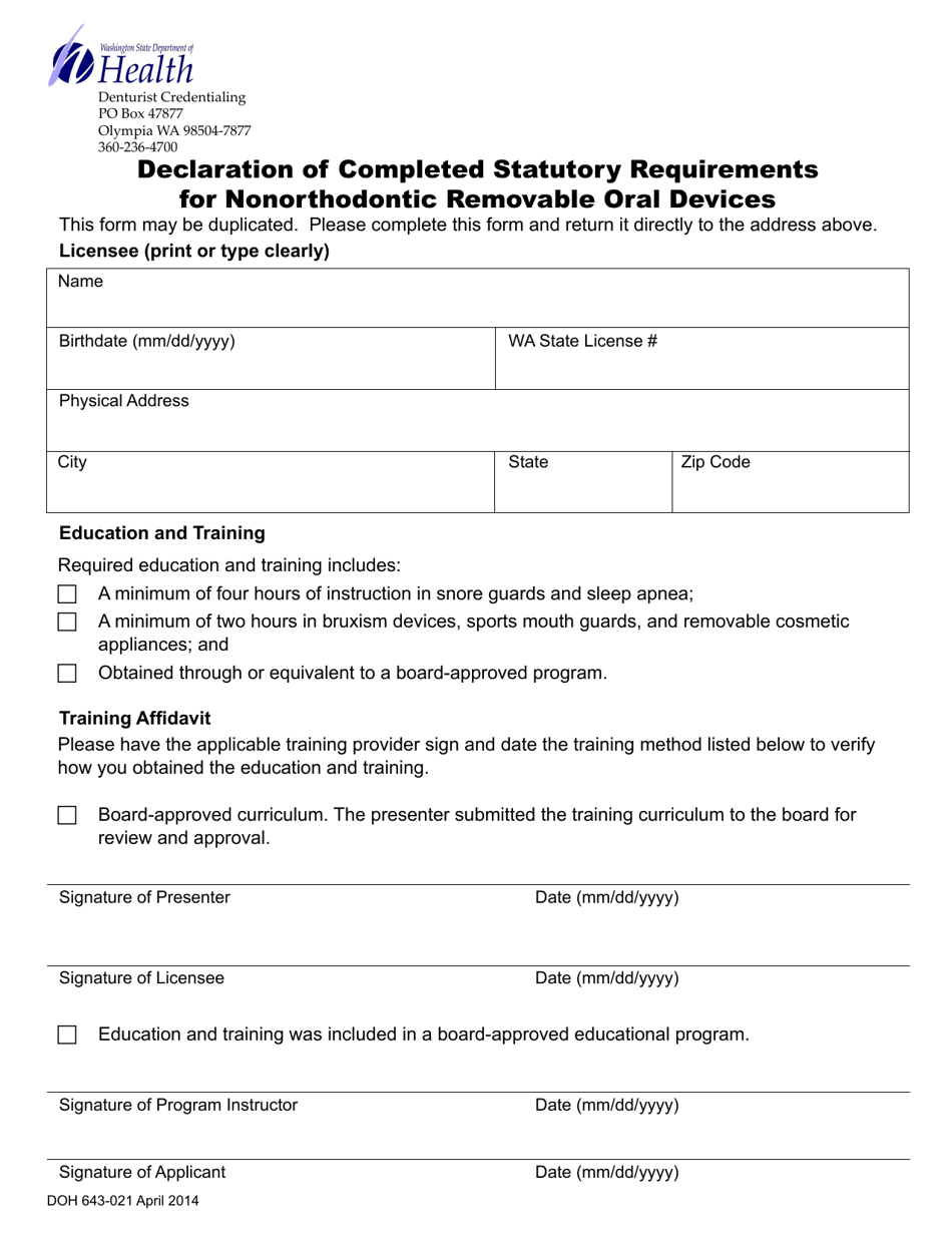 DOH Form 643-021 Declaration of Completed Statutory Requirements for Nonorthodontic Removable Oral Devices - Washington, Page 1