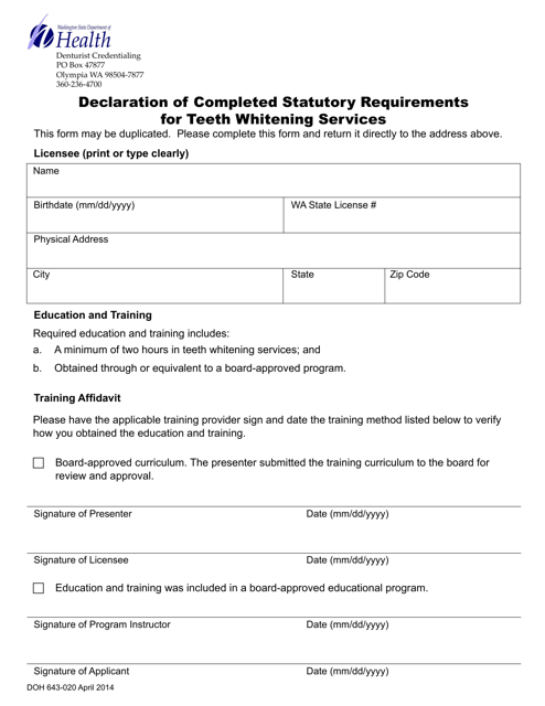 DOH Form 643-020  Printable Pdf