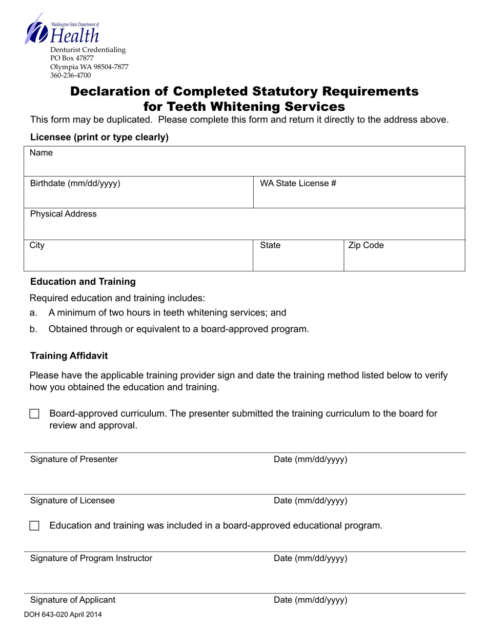 DOH Form 643-020 Declaration of Completed Statutory Requirements for Teeth Whitening Services - Washington, Page 1