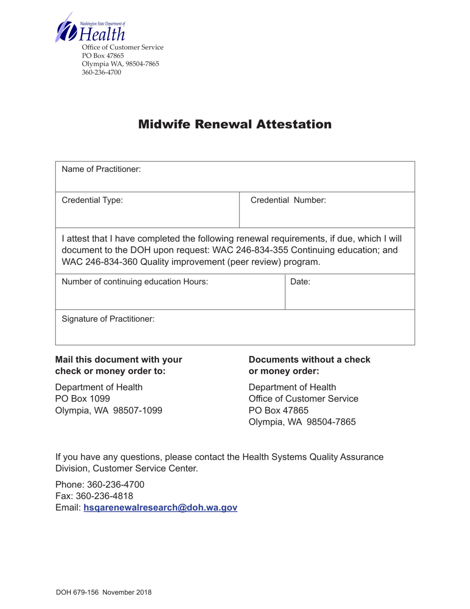 DOH Form 679-156 Midwife Renewal Attestation - Washington, Page 1