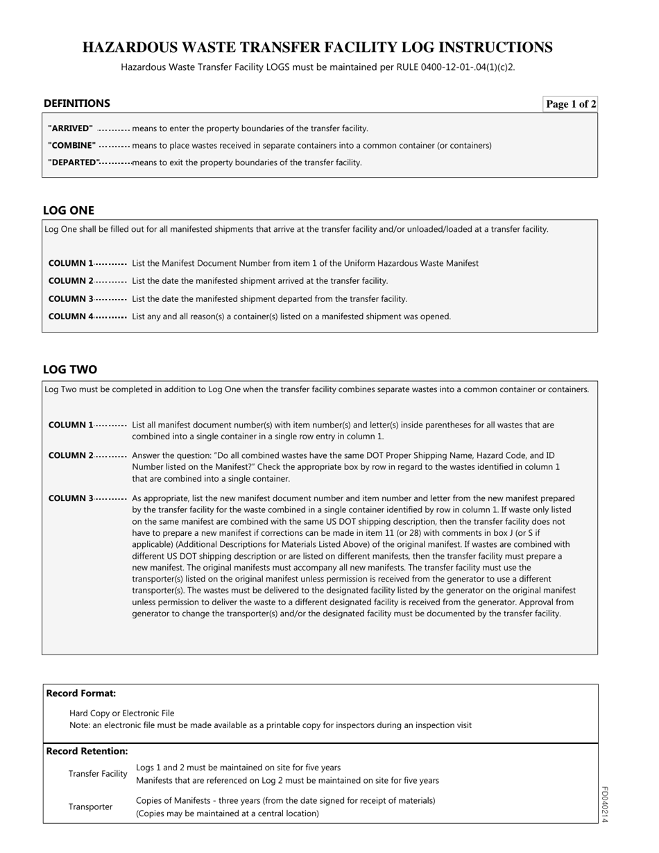 Sample Hazardous Waste Transfer Facility Log - Tennessee, Page 3