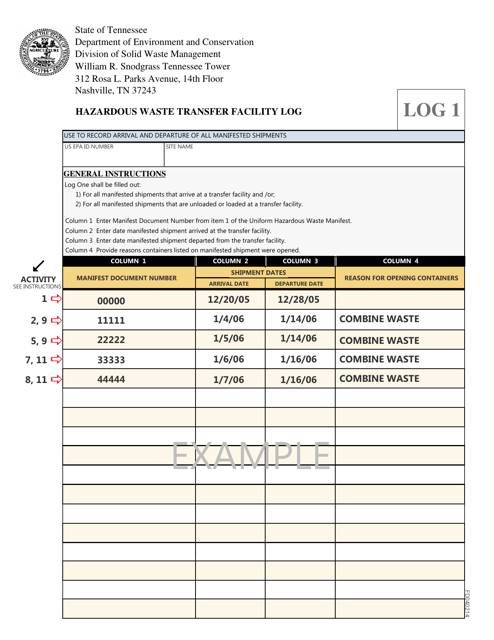Sample &quot;Hazardous Waste Transfer Facility Log&quot; - Tennessee Download Pdf
