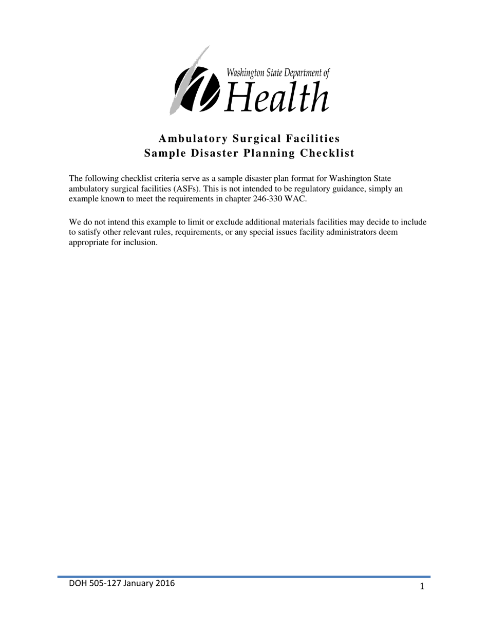 DOH Form 505-127 Sample Disaster Planning Checklist - Ambulatory Surgical Facilities - Washington, Page 1