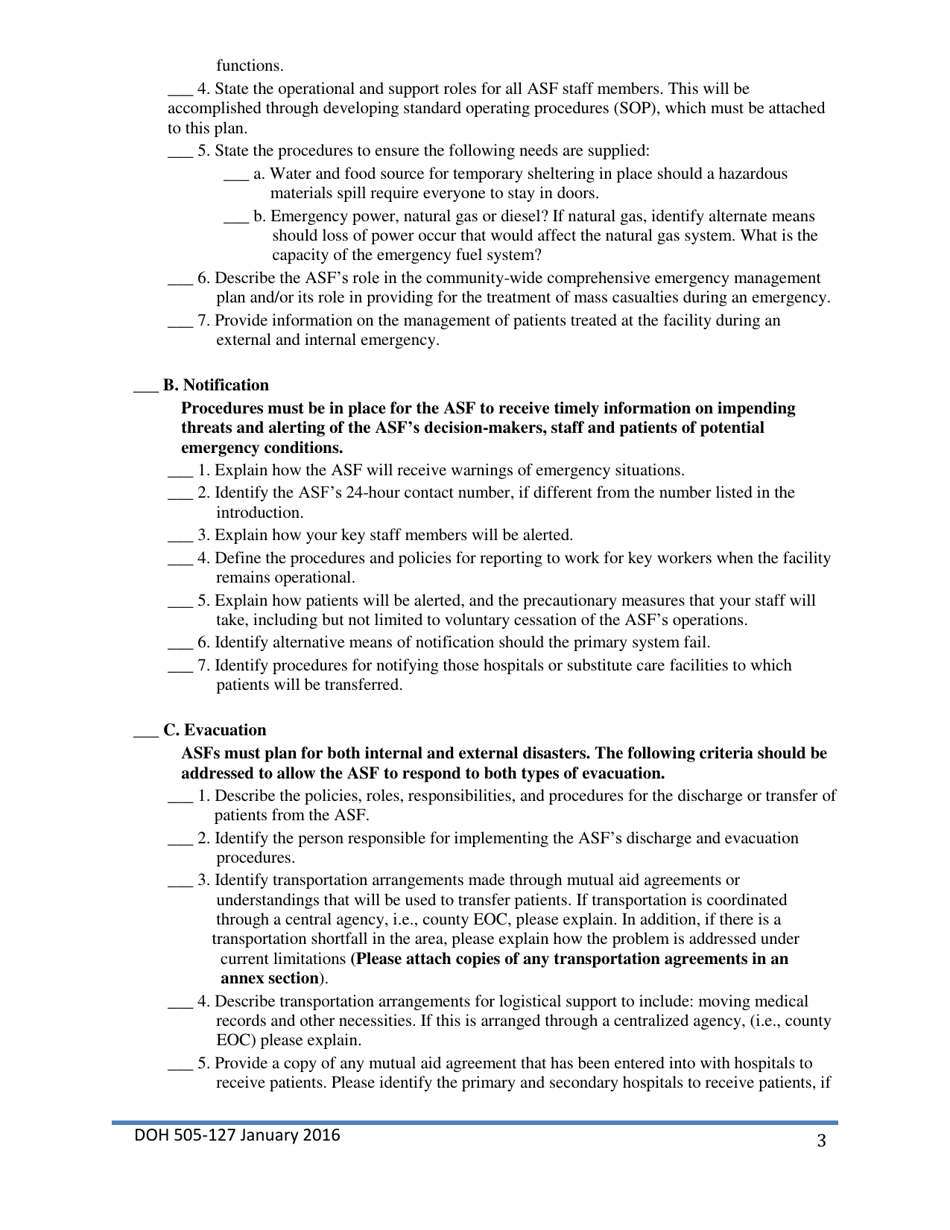 DOH Form 505-127 Sample Disaster Planning Checklist - Ambulatory Surgical Facilities - Washington, Page 3