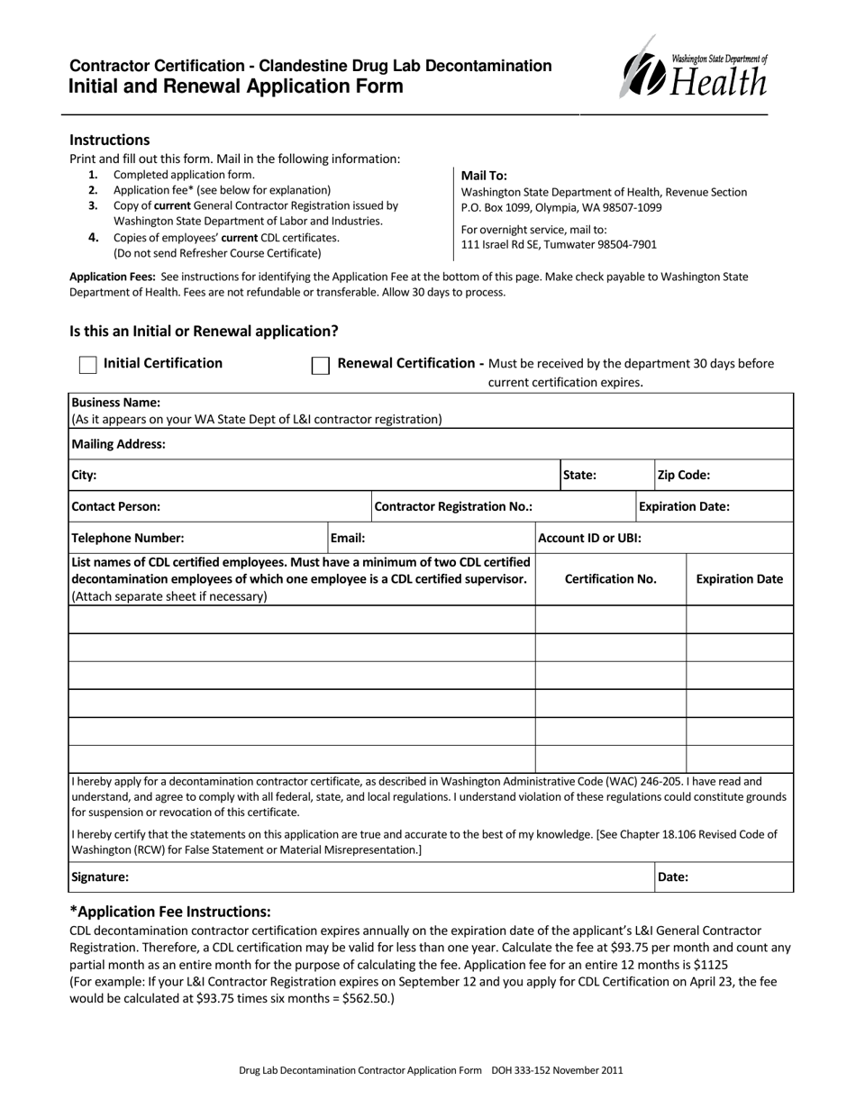 DOH Form 333-152 Contractor Certification - Clandestine Drug Lab Decontamination Initial and Renewal Application Form - Washington, Page 1
