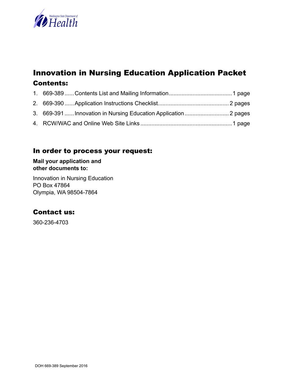 DOH Form 669-391 Innovation in Nursing Education Application - Washington, Page 1
