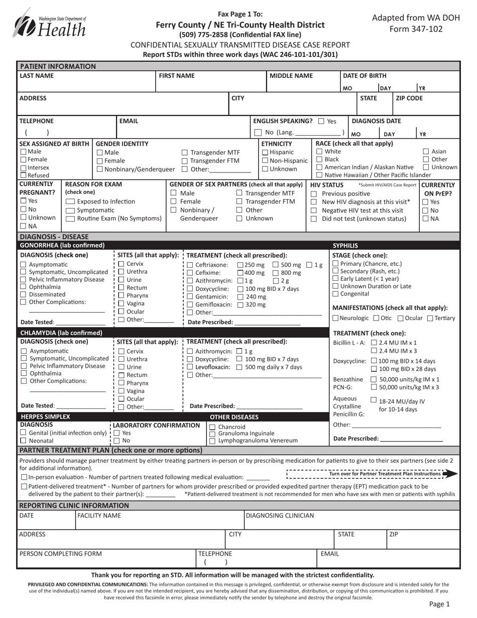DOH Form 347-102 Confidential Sexually Transmitted Disease Case Report - Ferry County / Northeast Tri County Health District, Washington, Page 1