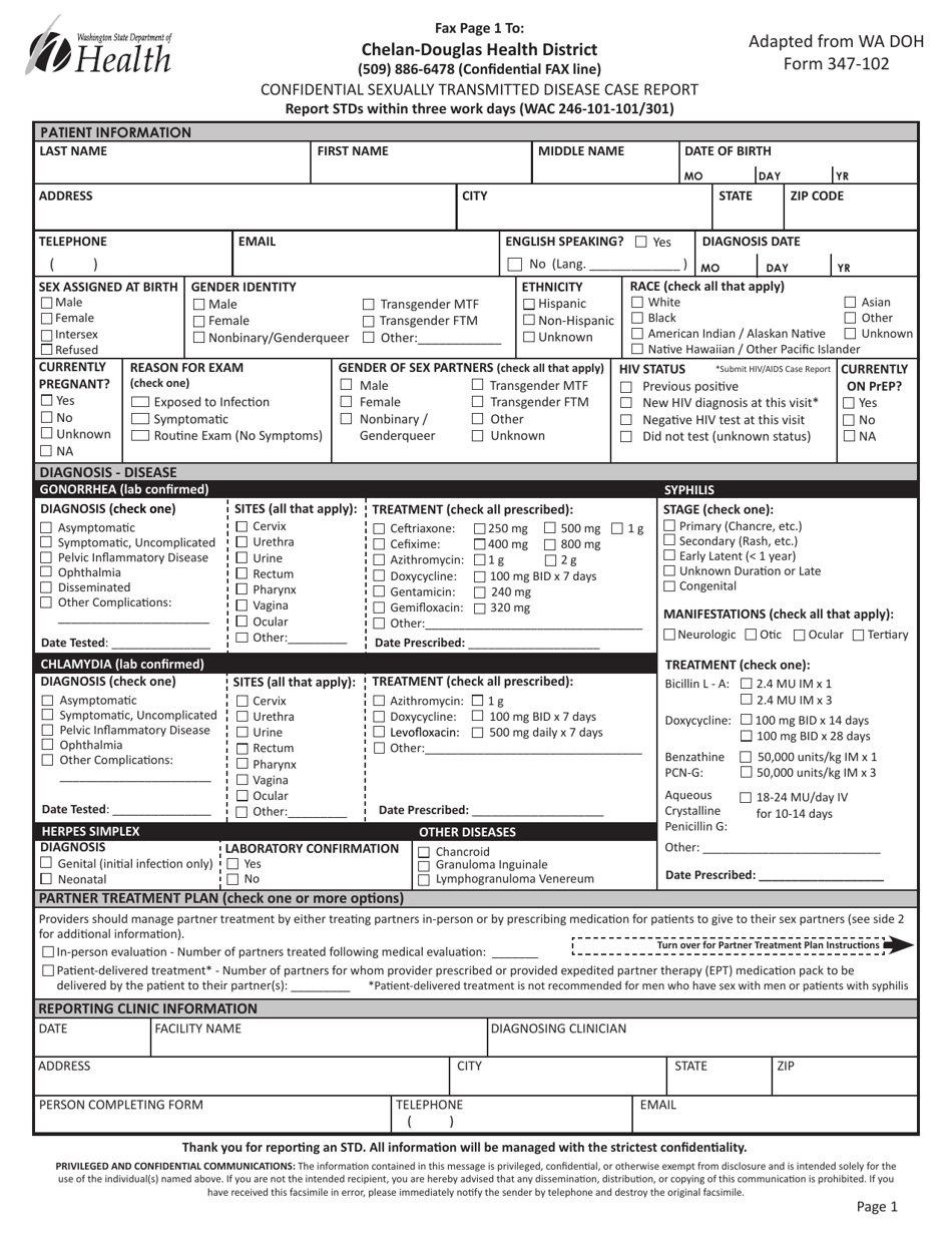 DOH Form 347-102 Confidential Sexually Transmitted Disease Case Report - Chelan-Douglas Health District, Washington, Page 1