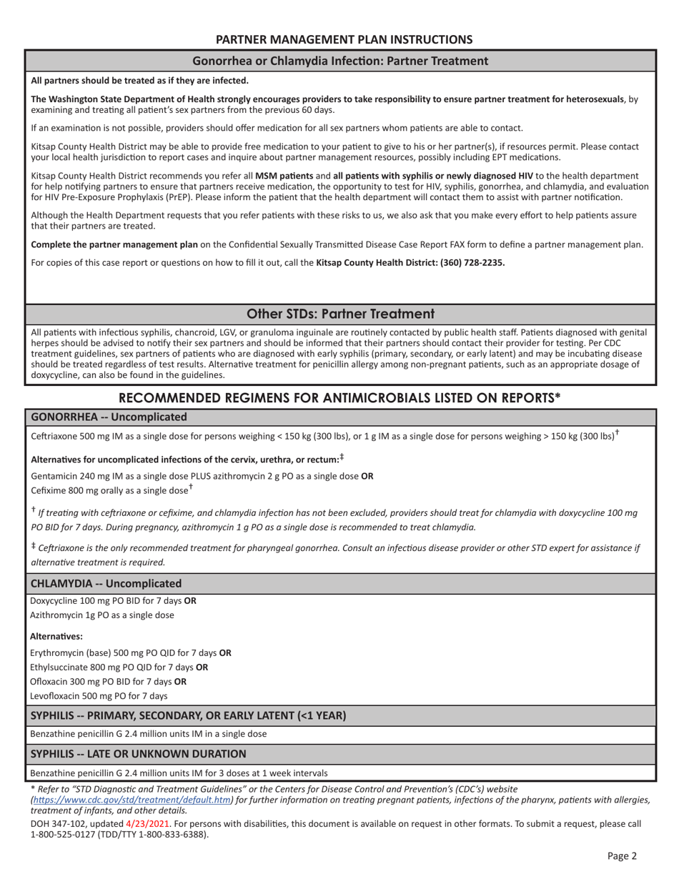 DOH Form 347-102 Confidential Sexually Transmitted Disease Case Report - Kitsap County, Washington, Page 2