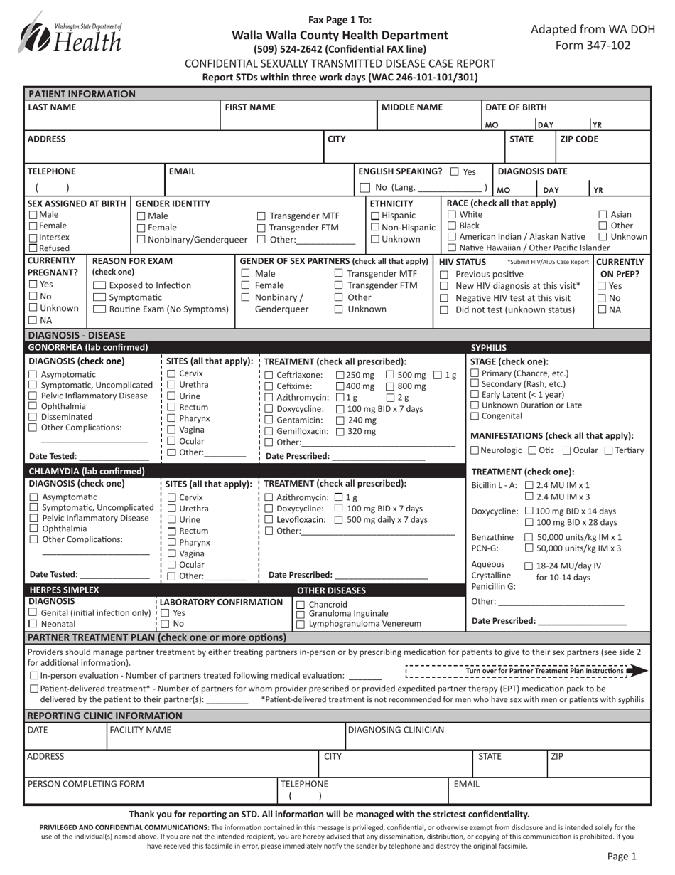 DOH Form 347-102 Confidential Sexually Transmitted Disease Case Report - Walla Walla County, Washington, Page 1