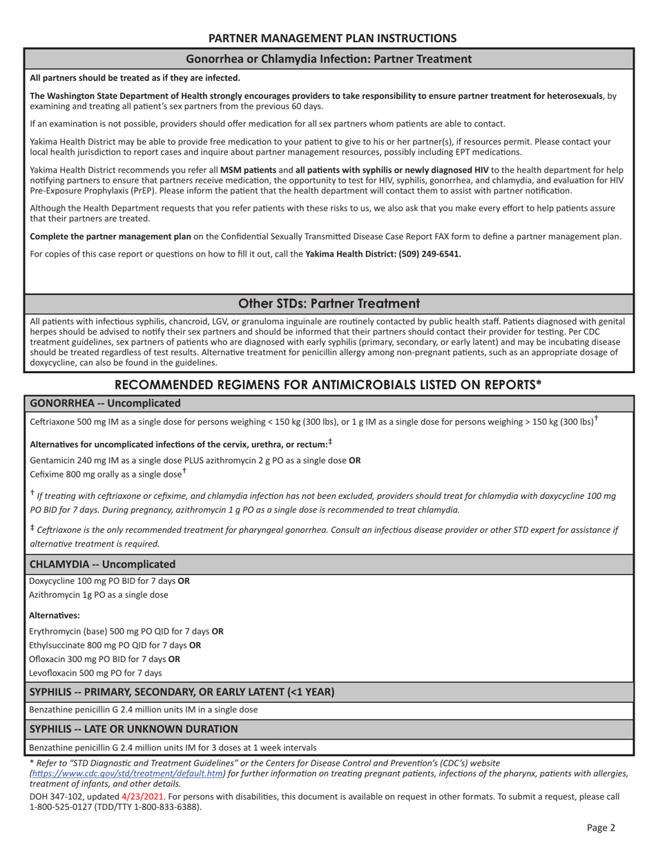 DOH Form 347-102 Confidential Sexually Transmitted Disease Case Report - Yakima County, Washington, Page 2