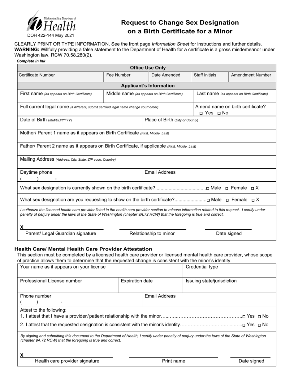 DOH Form 422-144 Request to Change Sex Designation on a Birth Certificate for a Minor - Washington, Page 2