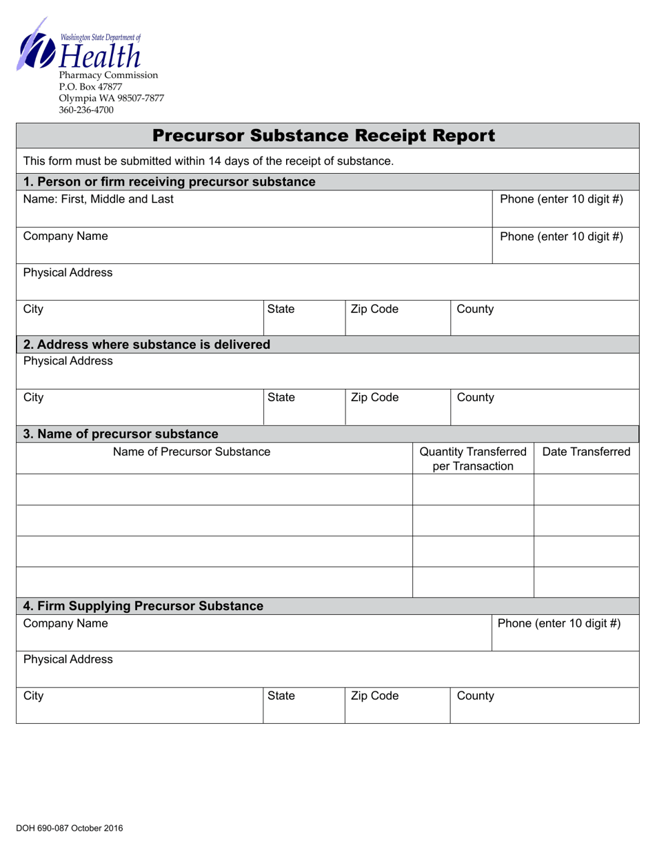 DOH Form 690-087 Precursor Substance Receipt Report - Washington, Page 1