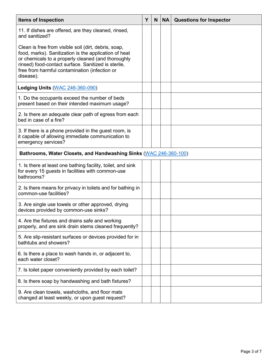 DOH Form 505-107 Transient Accommodation Self-inspection Form - Washington, Page 3