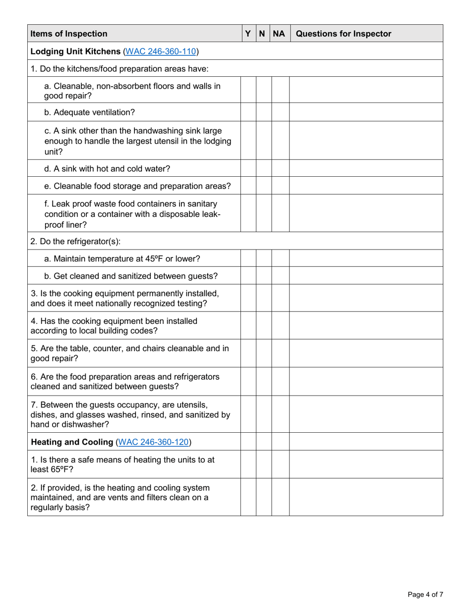 DOH Form 505-107 Transient Accommodation Self-inspection Form - Washington, Page 4