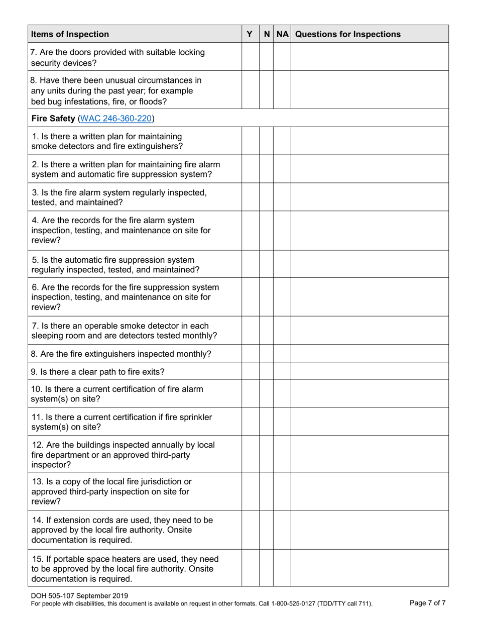 DOH Form 505-107 Transient Accommodation Self-inspection Form - Washington, Page 7