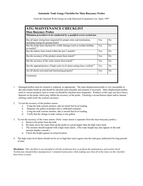 Automatic Tank Gauge Checklist for Mass Buoyancy Probes - Tennessee Download Pdf