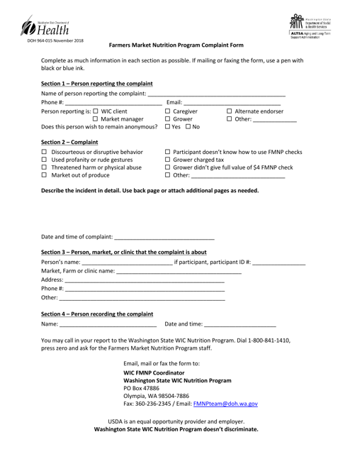 DOH Form 964-015 Farmers Market Nutrition Program Complaint Form - Washington