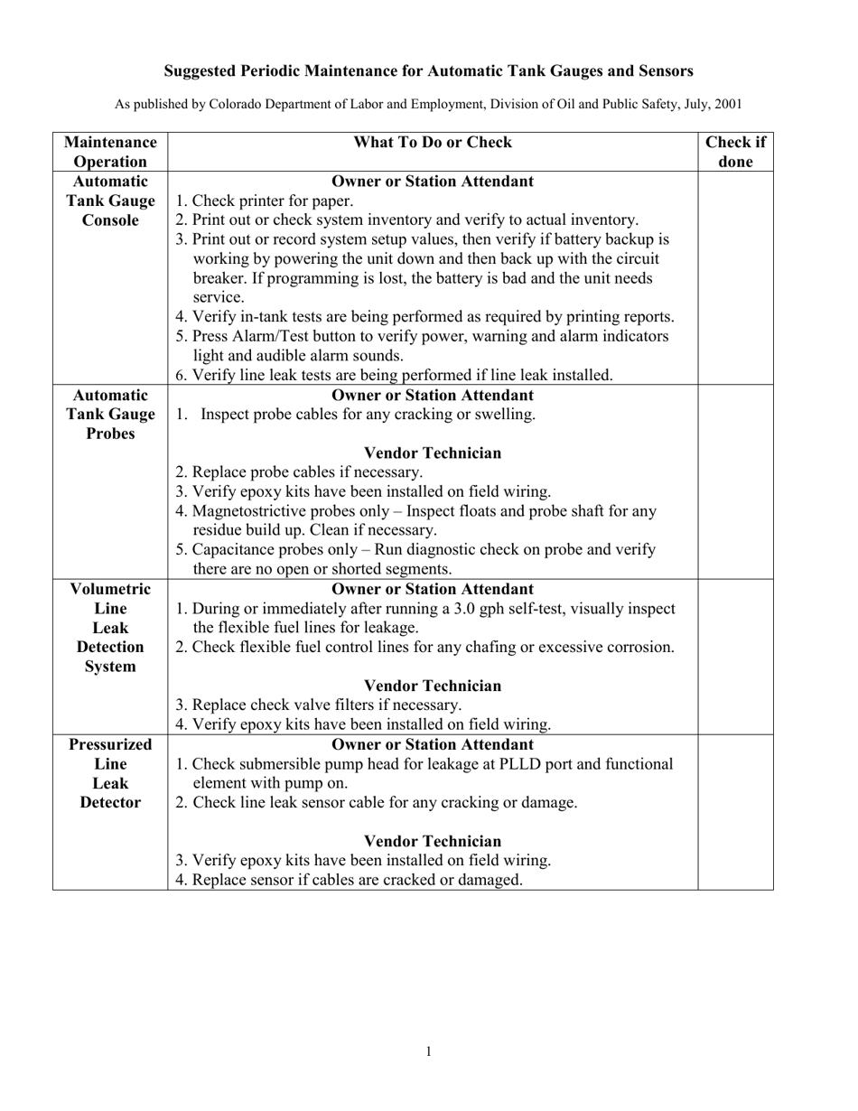 Suggested Periodic Maintenance for Automatic Tank Gauges and Sensors - Tennessee, Page 1