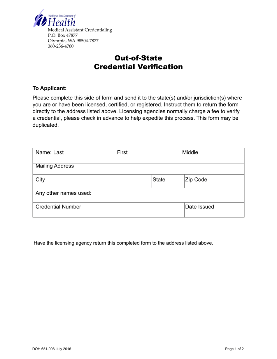 DOH Form 651-006 Medical Assistant Out-of-State Credential Verification - Washington, Page 1