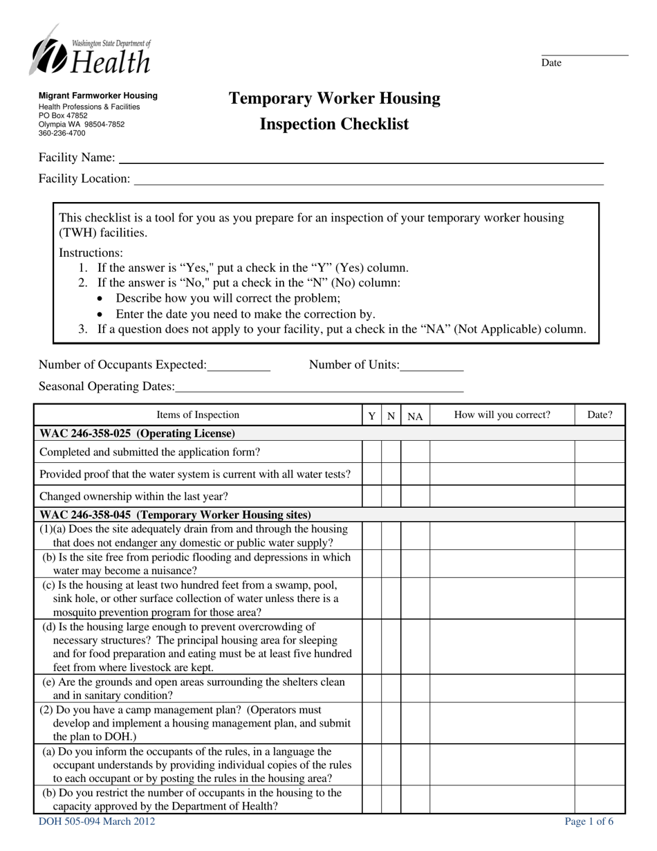 DOH Form 505-094 Temporary Worker Housing Inspection Checklist - Washington, Page 1