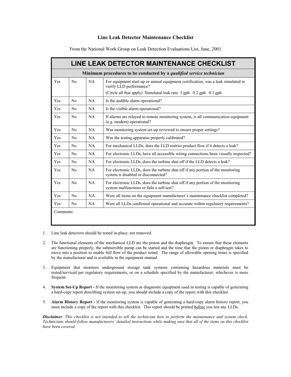 Line Leak Detector Maintenance Checklist - Tennessee, Page 1