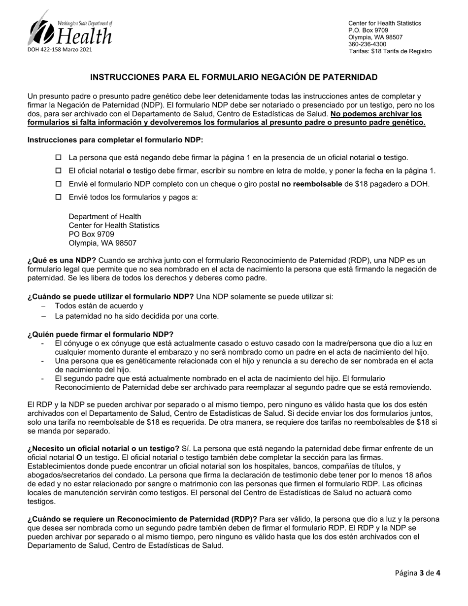 DOH Formulario 422-158 Formulario De La Negacion De Paternidad - Washington (Spanish), Page 3