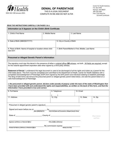 DOH Form 422-158  Printable Pdf