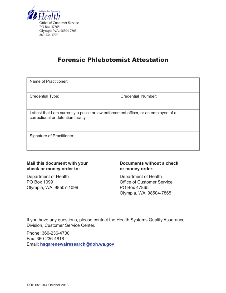 DOH Form 651-044 Forensic Phlebotomist Attestation - Washington, Page 1