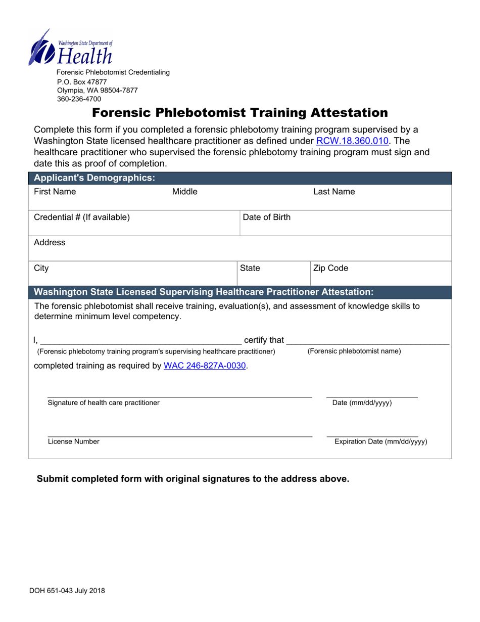 DOH Form 651-043 Forensic Phlebotomist Training Attestation - Washington, Page 1