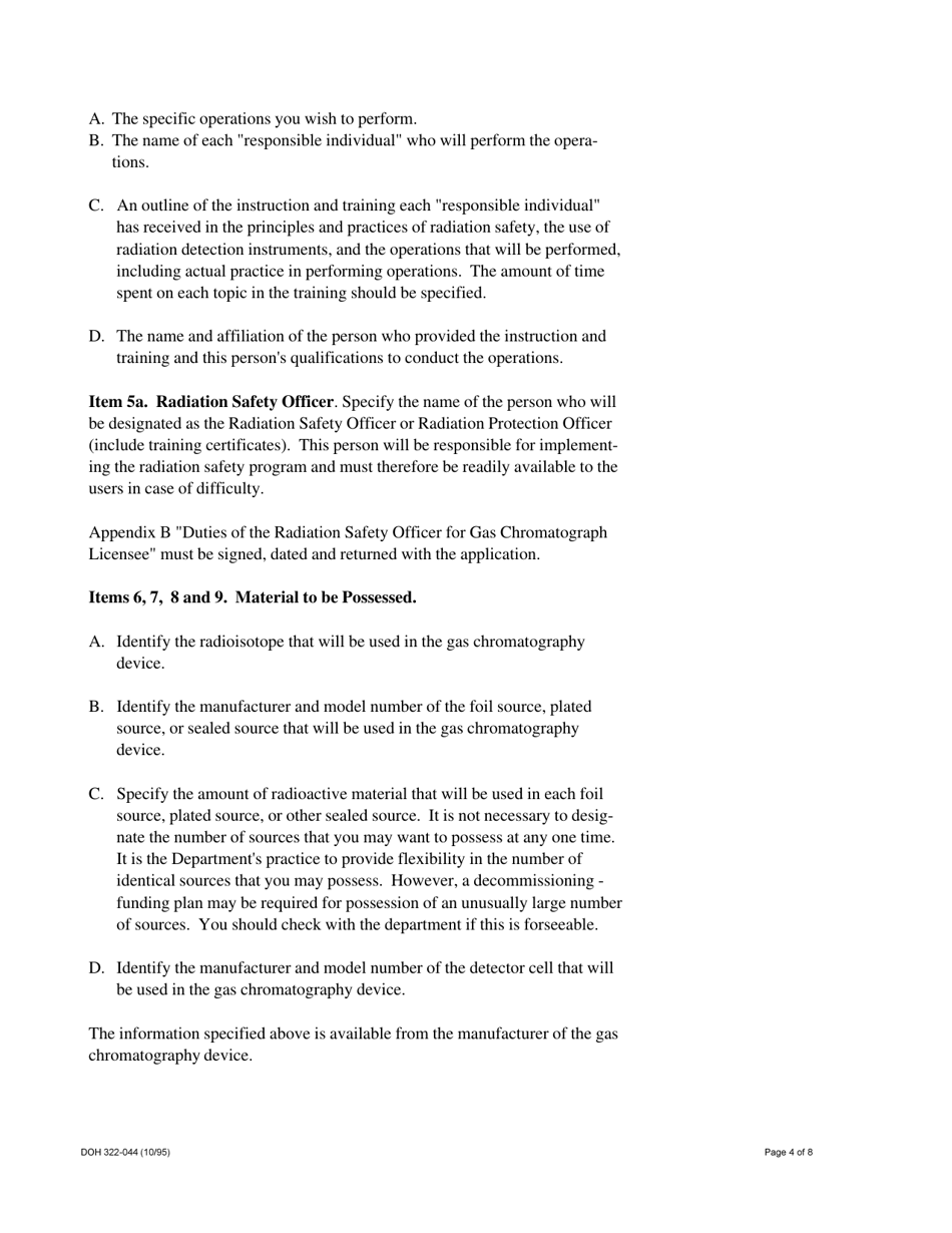 Instructions for Form RHF-1IR, DOH Form 322-047 Application for Radioactive Material License - Gas Chromatograph - Washington, Page 4