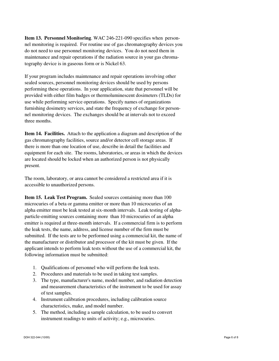 Instructions for Form RHF-1IR, DOH Form 322-047 Application for Radioactive Material License - Gas Chromatograph - Washington, Page 6