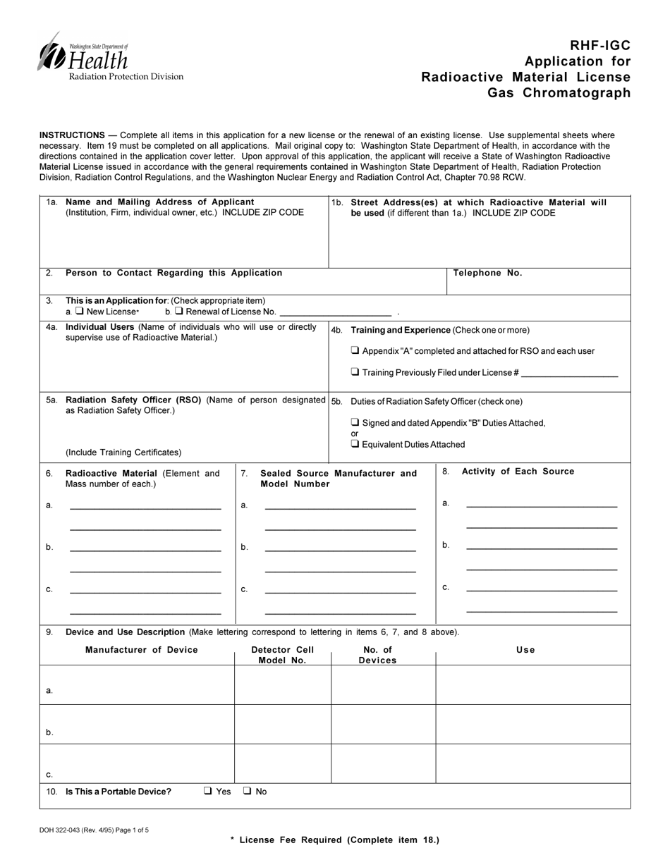 DOH Form 322-043 (RHF-IGC) Application for Radioactive Material License Gas Chromatograph - Washington, Page 1