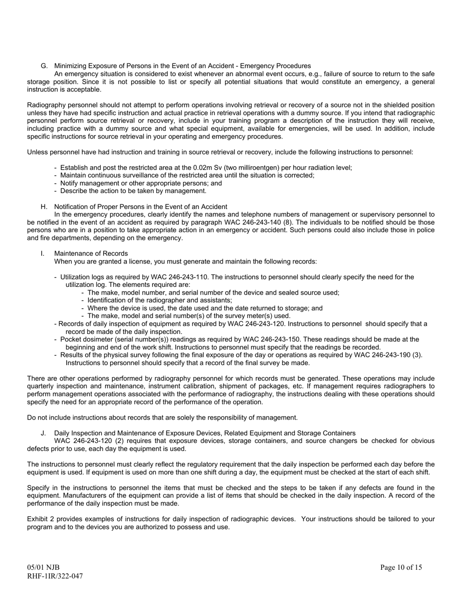 Instructions for DOH Form 322-046, RHF-1IR Application for Radioactive Material License Industrial Radiography - Washington, Page 10
