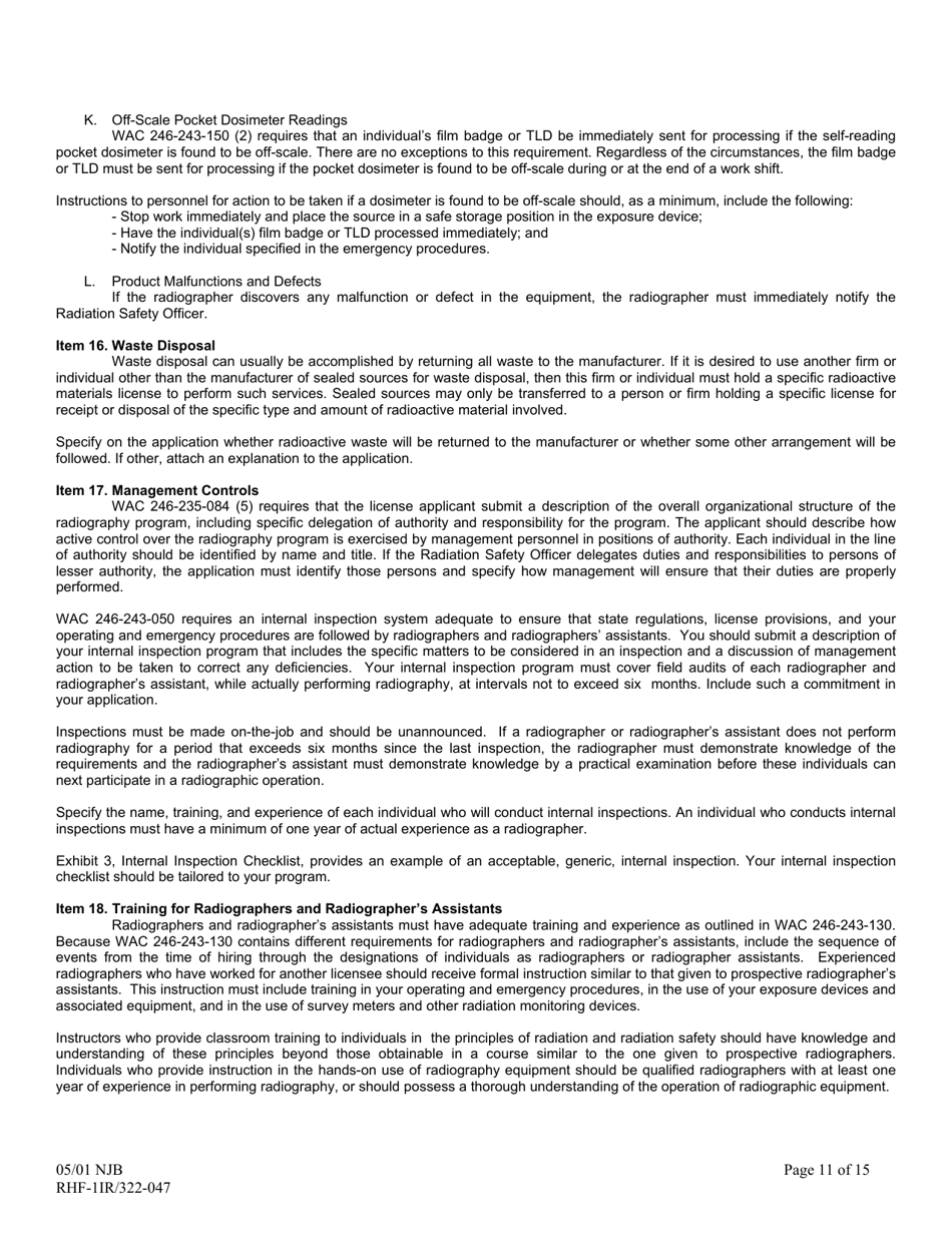 Instructions for DOH Form 322-046, RHF-1IR Application for Radioactive Material License Industrial Radiography - Washington, Page 11