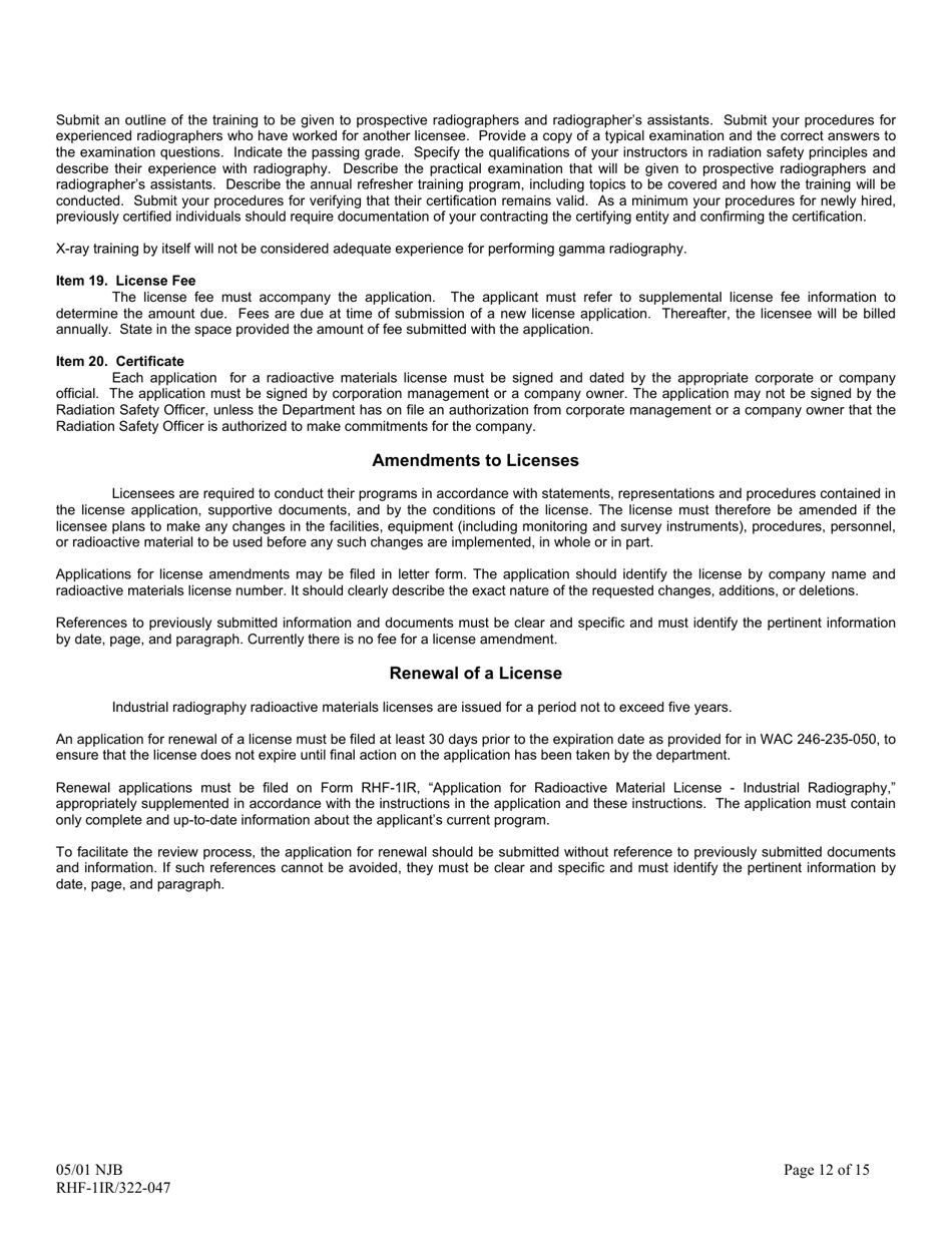 Instructions for DOH Form 322-046, RHF-1IR Application for Radioactive Material License Industrial Radiography - Washington, Page 12