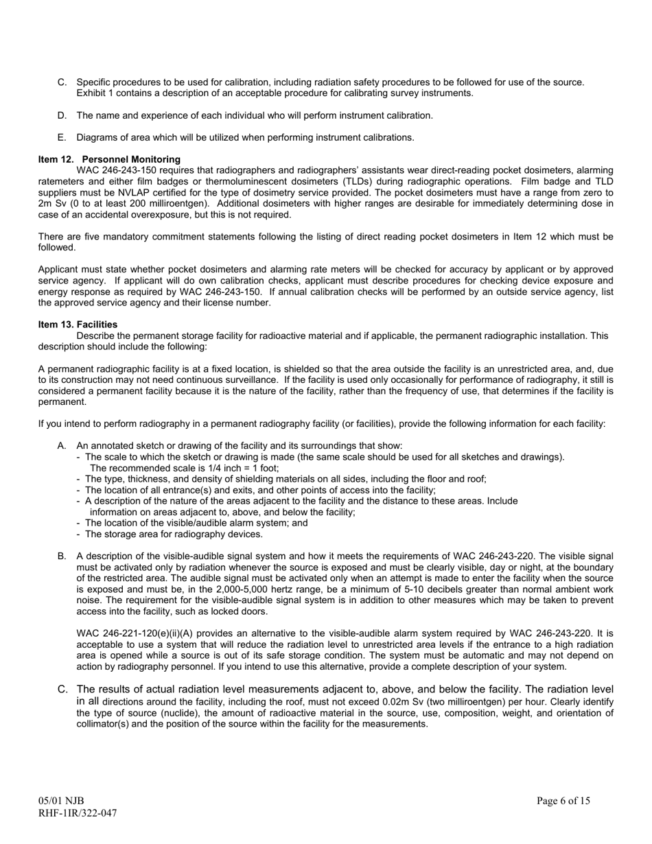 Instructions for DOH Form 322-046, RHF-1IR Application for Radioactive Material License Industrial Radiography - Washington, Page 6