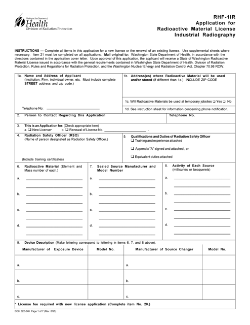 DOH Form 322-046 (RHF-1IR)  Printable Pdf