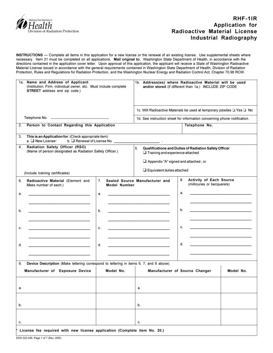 DOH Form 322-046 (RHF-1IR) Application for Radioactive Material License Industrial Radiography - Washington, Page 1