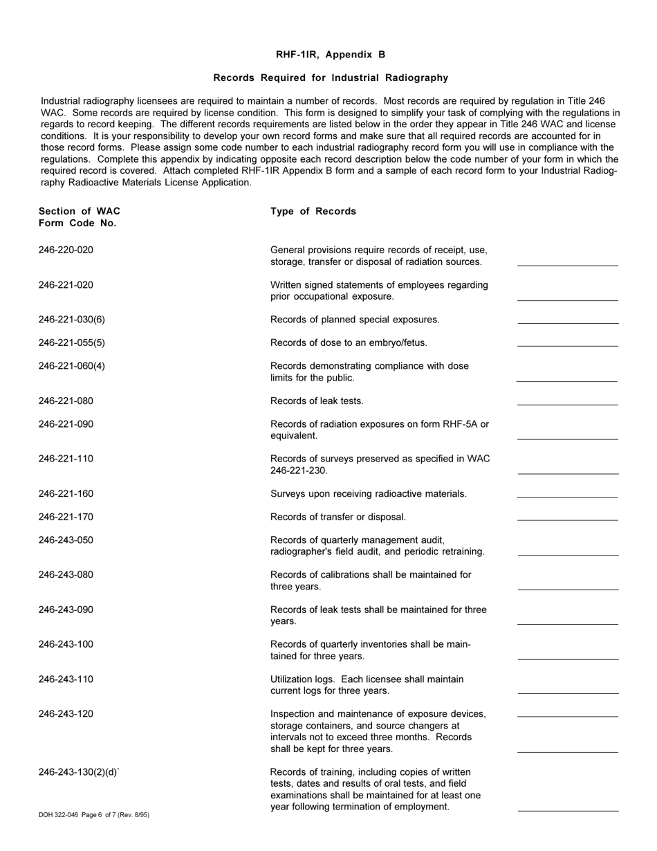 DOH Form 322-046 (RHF-1IR) Application for Radioactive Material License Industrial Radiography - Washington, Page 6